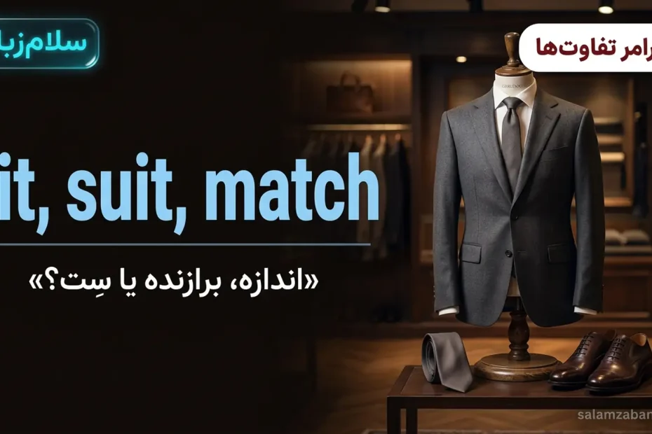 تصویر شاخص درس تفاوت fit و suit و match — کت‌وشلوار روی مانکن با کراوات و کفش سِت با عنوان fit suit match