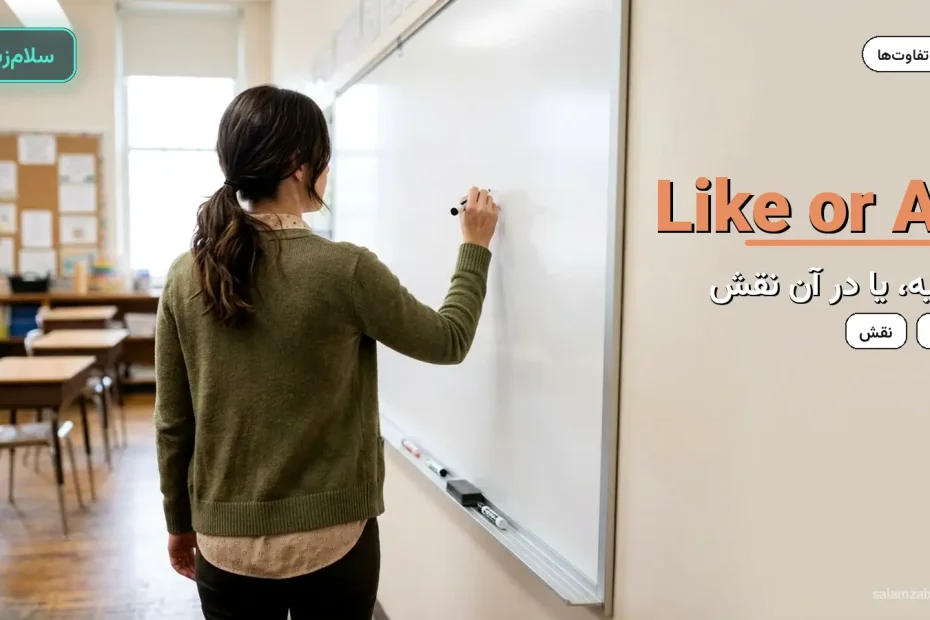 معلم از پشت در حال نوشتن روی تخته سفید — آموزش تفاوت like و as