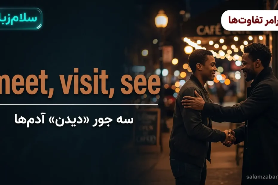 تصویر شاخص درس تفاوت meet و visit و see — دو دوست در حال سلام و دست دادن جلوی کافه در شب با عنوان meet visit see