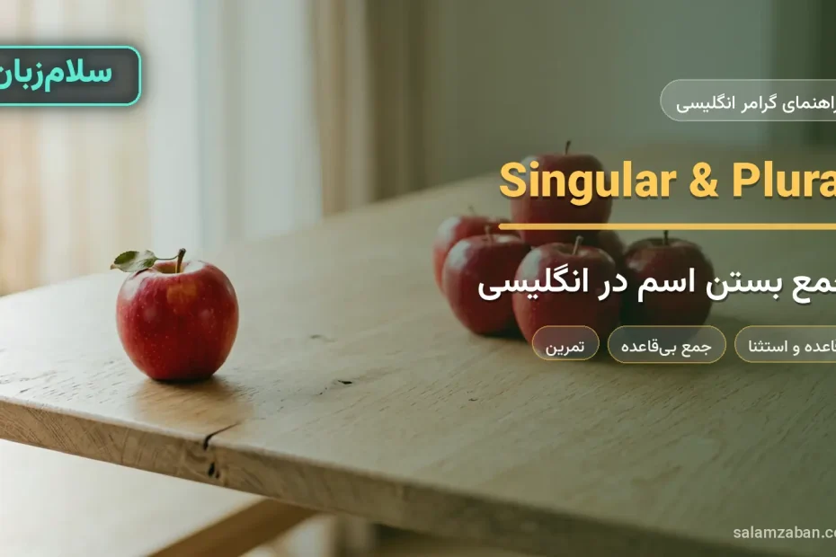 قواعد جمع بستن اسم در انگلیسی با یک سیب و چند سیب روی میز چوبی
