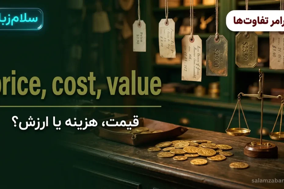 تصویر شاخص درس تفاوت price و cost و value — برچسب‌های قیمت و سکه‌های طلا و ترازو با عنوان price cost value