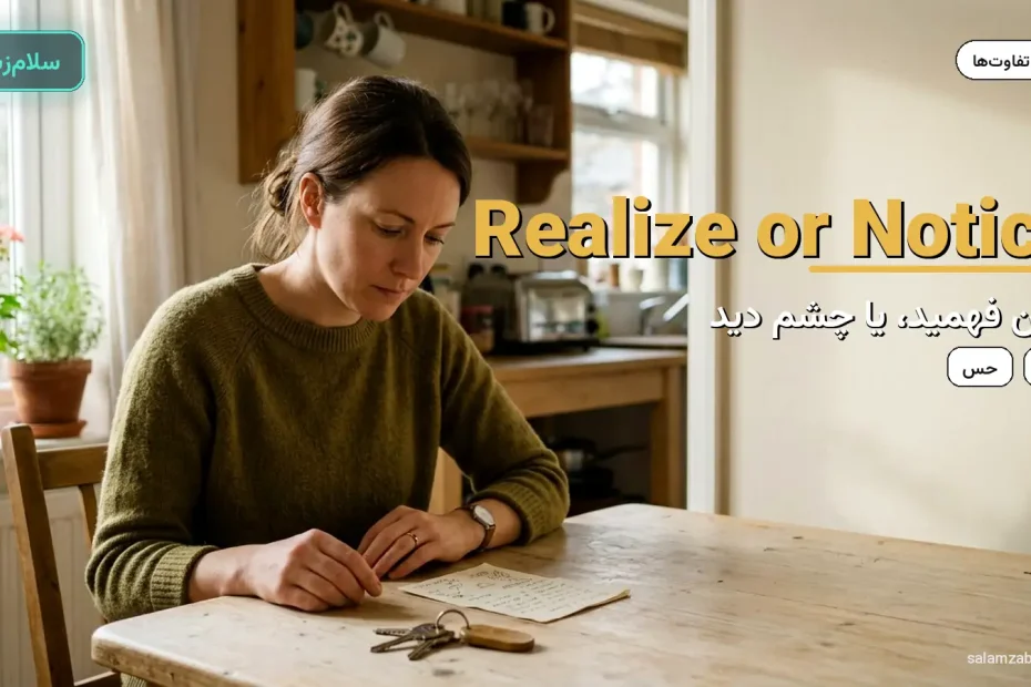 زن پشت میز آشپزخانه در حال نگاه به کلید و یادداشت — آموزش تفاوت realize و notice