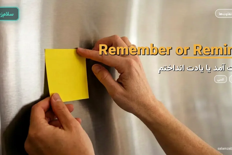دست در حال چسباندن یادداشت زرد خالی روی در یخچال — آموزش تفاوت remember و remind