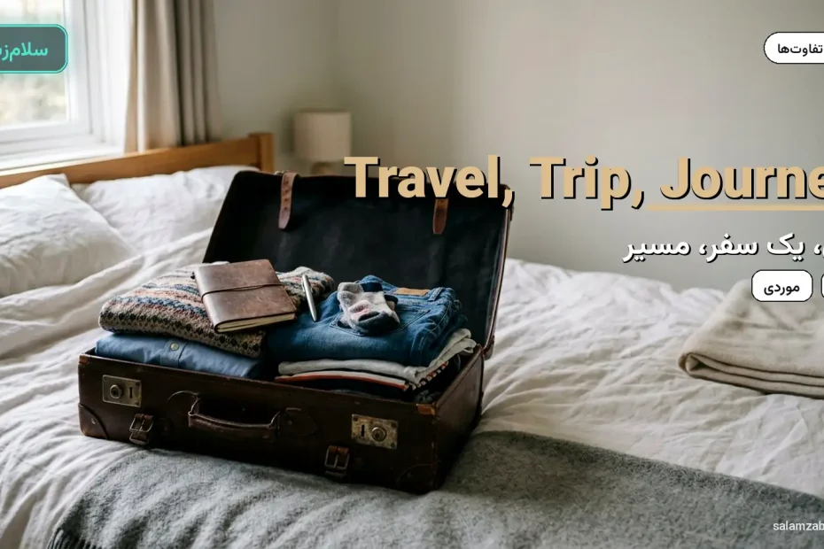چمدان چرمی باز روی تخت با لباس تا شده — آموزش تفاوت travel و trip و journey