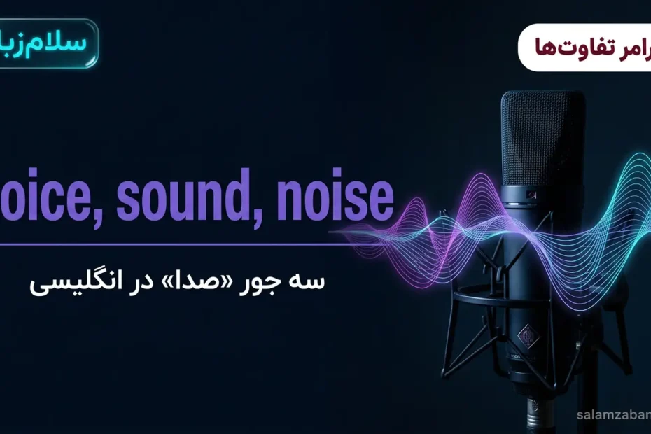 تصویر شاخص درس تفاوت voice و sound و noise — میکروفون استودیویی با موج صوتی نئونی با عنوان voice sound noise