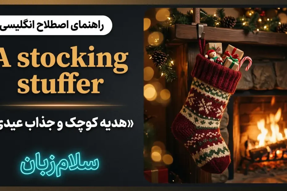 تصویر آموزشی معنی اصطلاح A stocking stuffer در انگلیسی — جوراب بافتنی کریسمس پر از هدایای کوچک کنار شومینه با لوگوی سلامزبان