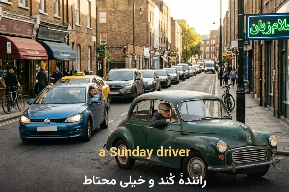 معنی a Sunday driver در انگلیسی؛ رانندهٔ کُند و خیلی محتاط