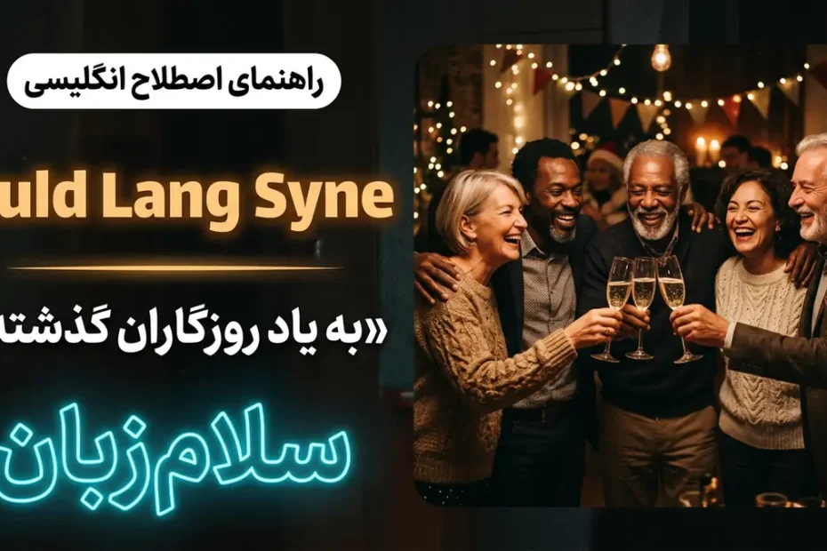 تصویر آموزشی اصطلاح و سرود Auld Lang Syne در انگلیسی — دوستان قدیمی در حال گپ زدن زیر نور جشن سال نو با لوگوی سلام‌زبان