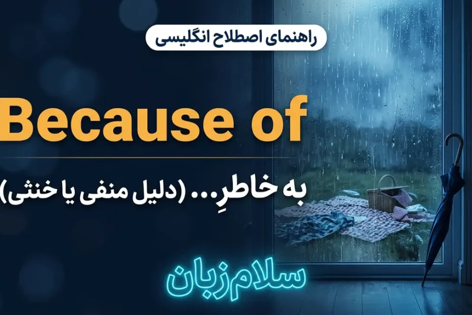 تصویر آموزشی معنی اصطلاح Because of در انگلیسی — بارش باران پشت پنجره و پیکنیک لغو شده با چتر با لوگوی نئونی سلام‌زبان