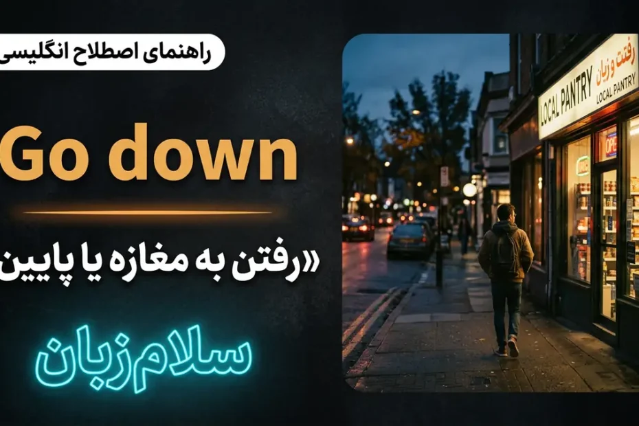 تصویر آموزشی معنی اصطلاح Go down در انگلیسی — فرد در حال رفتن به سمت مغازه محلی در غروب با لوگوی سلام‌زبان