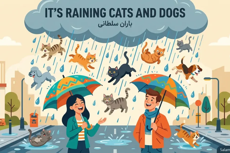 معنی it's raining cats and dogs در انگلیسی؛ باران سلطانی