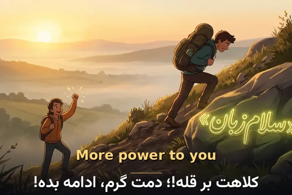 معنی More power to you! در انگلیسی با تصویر مفهومی کلاهت بر قله!؛ دمت گرم، ادامه بده!