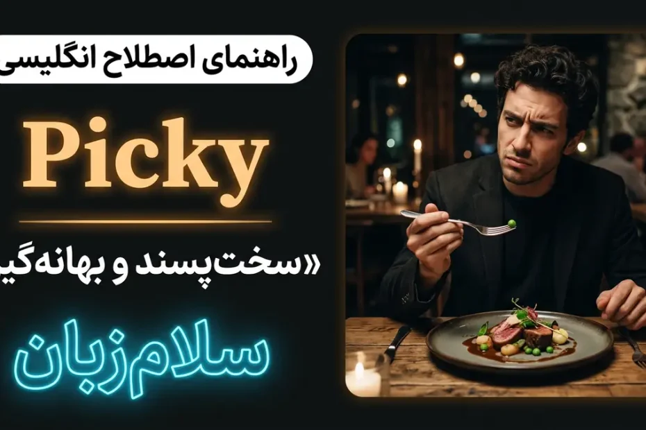 تصویر آموزشی معنی صفت Picky در انگلیسی — فرد سخت‌پسند در حال بررسی دقیق غذا در بشقاب با چنگال با لوگوی سلام‌زبان
