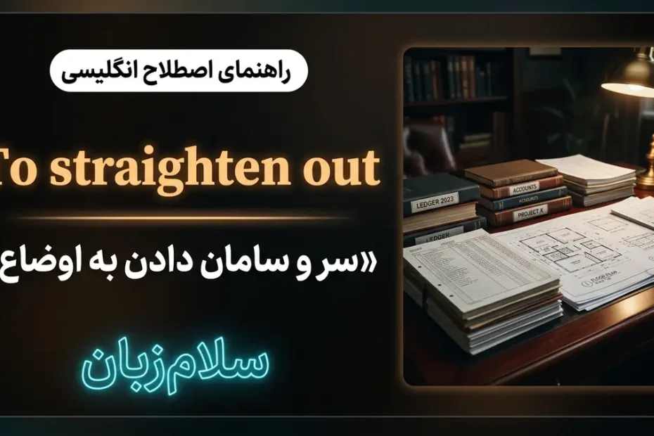 تصویر آموزشی معنی فعل To straighten out در انگلیسی — دفاتر مالی و نقشه‌های مرتب‌شده روی میز چوبی با لوگوی سلام‌زبان