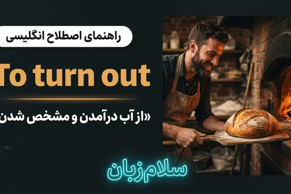 تصویر آموزشی معنی فعل عبارتی To turn out در انگلیسی — نان برشته خوش‌رنگ بیرون‌آمده از تنور نماد خوب از آب درآمدن با لوگوی سلام‌زبان