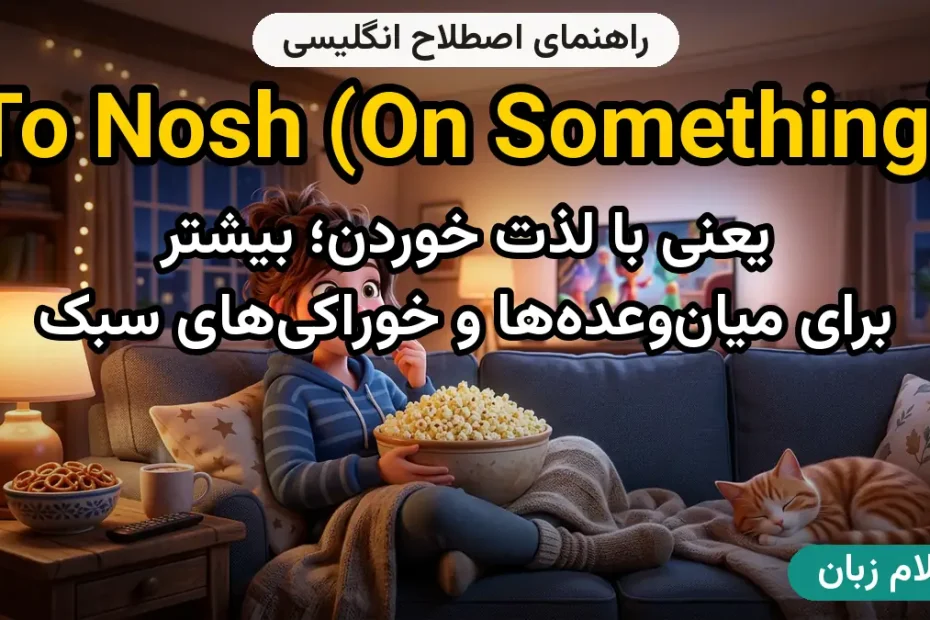 معنی to nosh (on something)؛ کاربرد و مثال
